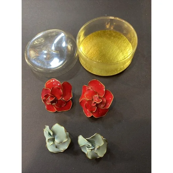 Vintage By Bohmer Red & Blue Enamel 3D Floral Clip-On Earrings Original Box - Picture 2 of 16